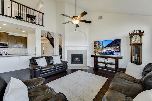 Fireplace, Interior, Living room, Recessed Lighting, Wood Texture Flooring
