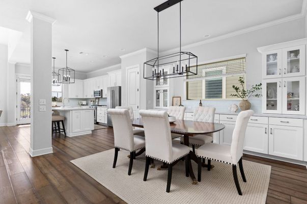 Chandelier, Dining room, Interior, Kitchen, Pendant Lights, Recessed Lighting, Wood Texture Flooring