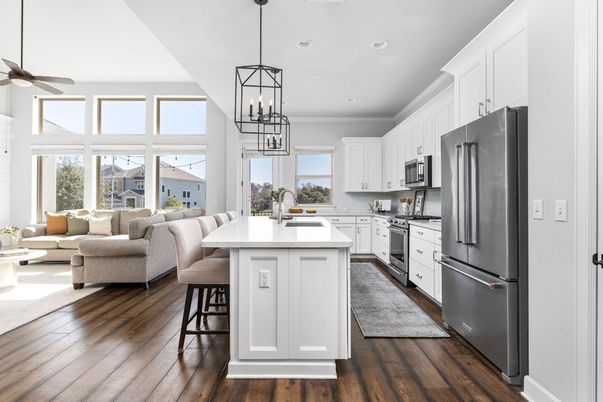 Dining room, Interior, Kitchen, Living room, Pendant Lights, Recessed Lighting, Stainless Steel Appliances, Wood Texture Flooring