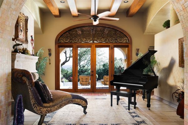 Interior, Piano, Recessed Lighting, Stone Walls, Wooden Beams