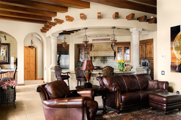 Fireplace, Interior, Living room, Pendant Lights, Stone Walls, Wooden Beams