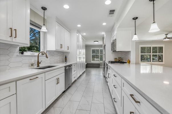 Interior, Kitchen, Marble, Pendant Lights, Recessed Lighting, Stainless Steel Appliances