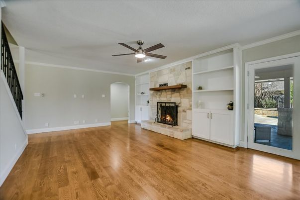 Empty room, Fireplace, Interior, Stone Walls, Wood Texture Flooring