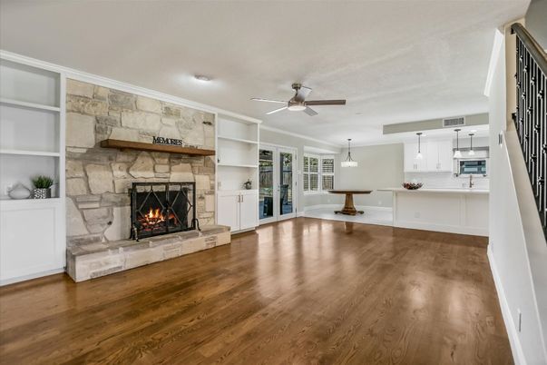 Fireplace, Interior, Pendant Lights, Stone Walls, Wood Texture Flooring