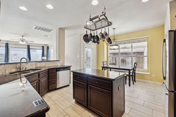 Dining room, Interior, Kitchen, Pendant Lights, Recessed Lighting, Wood Texture Flooring