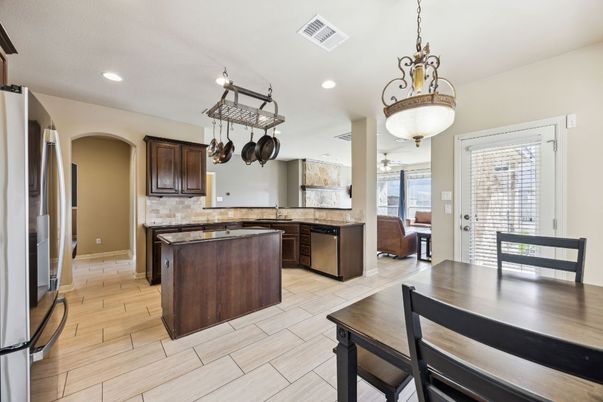 Dining room, Interior, Kitchen, Pendant Lights, Recessed Lighting, Wood Texture Flooring
