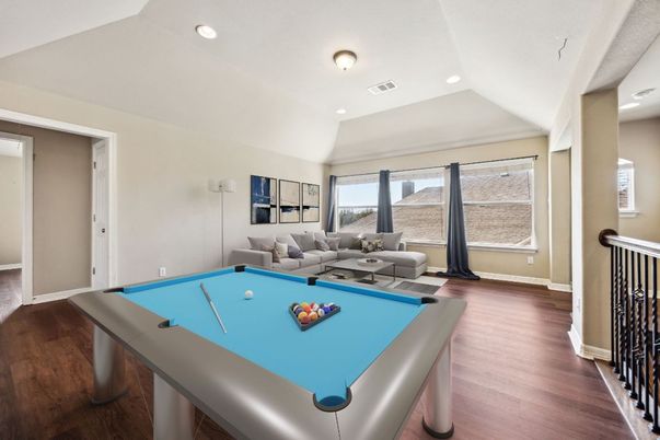 Billiard Table, Game Room, Interior, Living room, Recessed Lighting, Wood Texture Flooring