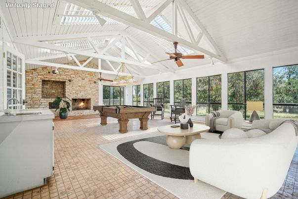 Billiard Table, Fireplace, Game Room, Interior, Living room, Stone Walls