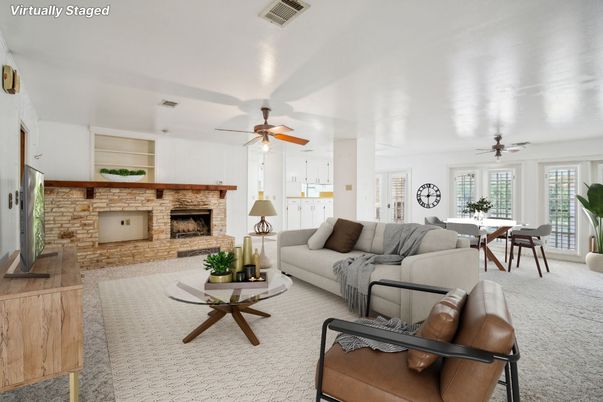 Dining room, Fireplace, Interior, Living room, Stone Walls
