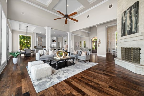 Dining room, Fireplace, Interior, Living room, Pendant Lights, Recessed Lighting, Wood Texture Flooring