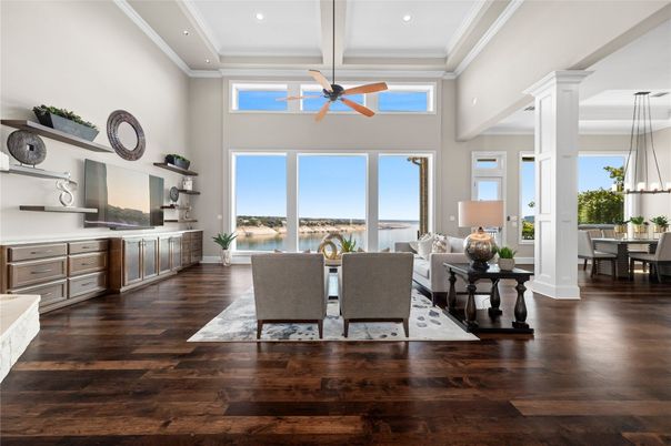 Dining room, Interior, Living room, Pendant Lights, Recessed Lighting, Water, Wood Texture Flooring