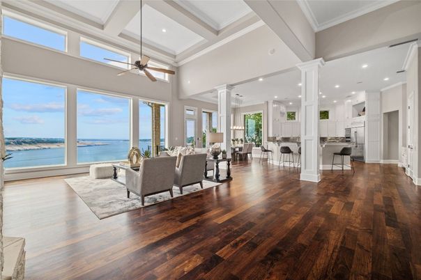 Dining room, Interior, Kitchen, Living room, Recessed Lighting, Water, Wood Texture Flooring