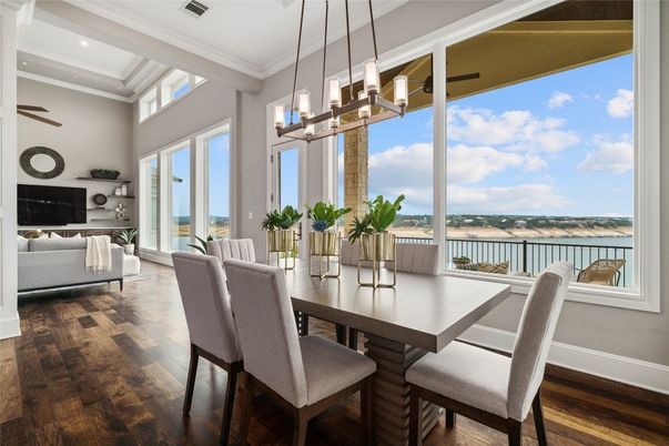 Dining room, Interior, Living room, Pendant Lights, Recessed Lighting, Water, Wood Texture Flooring