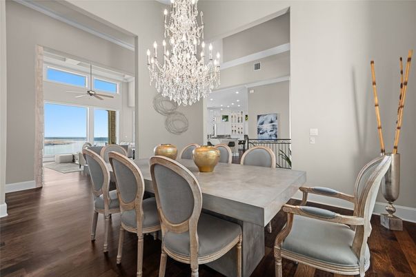 Chandelier, Dining room, Interior, Recessed Lighting, Water, Wood Texture Flooring