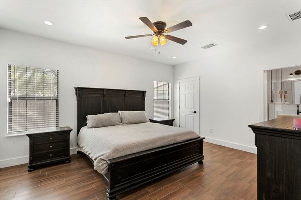 Bedroom, Interior, Recessed Lighting, Wood Texture Flooring