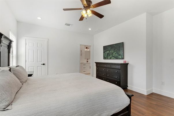 Bedroom, Interior, Recessed Lighting, Wood Texture Flooring