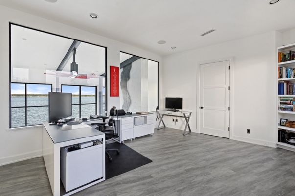 Home Office, Interior, Recessed Lighting, Water, Wood Texture Flooring