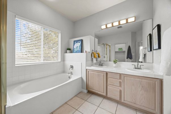 Bathroom, Dual Sink Vanities, Interior, Recessed Lighting, Tile Countertops