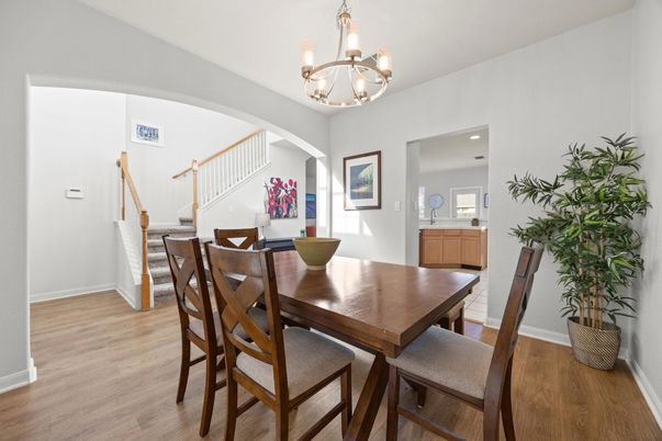 Chandelier, Dining room, Interior, Recessed Lighting, Wood Texture Flooring