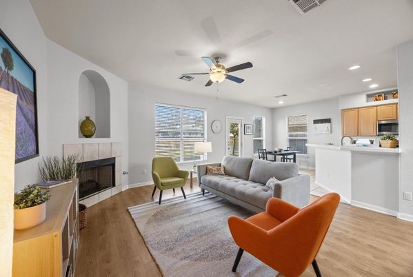 Dining room, Fireplace, Interior, Kitchen, Living room, Recessed Lighting, Wood Texture Flooring