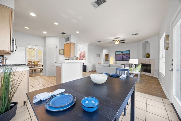 Dining room, Fireplace, Interior, Kitchen, Living room, Recessed Lighting, Wood Texture Flooring