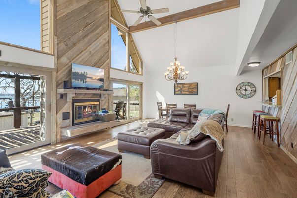 Chandelier, Dining room, Fireplace, Interior, Living room, Wooden Beams, Wood Texture Flooring, Wooden Walls