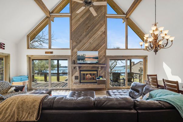 Chandelier, Fireplace, Interior, Living room, Wooden Beams, Wooden Walls
