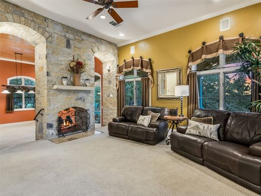 Fireplace, Interior, Living room, Recessed Lighting, Stone Walls
