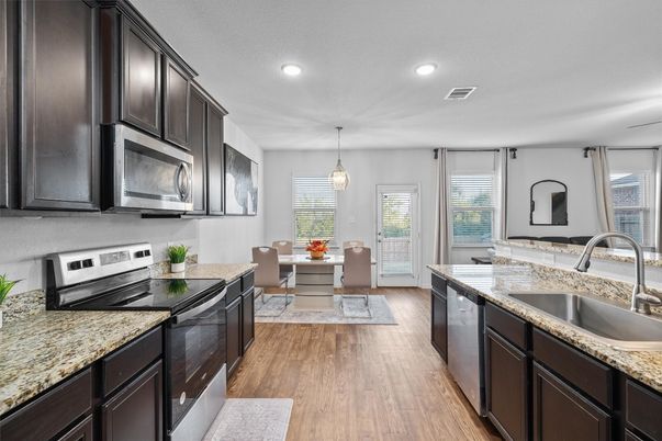 Dining room, Interior, Kitchen, Pendant Lights, Recessed Lighting, Wood Texture Flooring