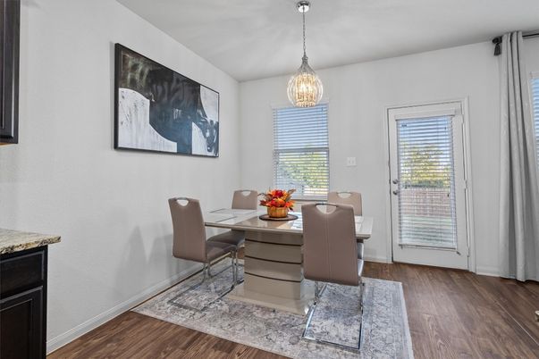 Dining room, Interior, Pendant Lights, Wood Texture Flooring