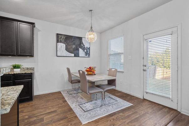 Dining room, Interior, Pendant Lights, Wood Texture Flooring