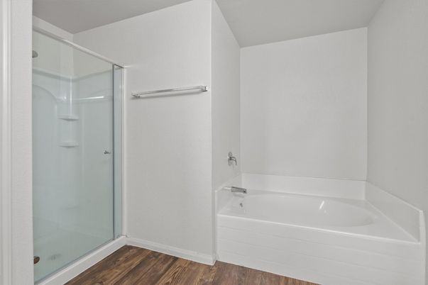 Bathroom, Glass Shower, Interior, Wood Texture Flooring