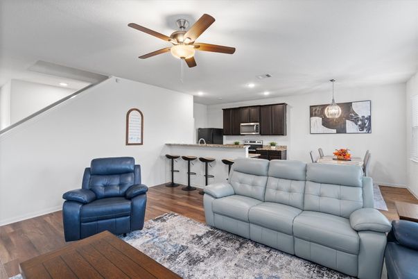 Dining room, Interior, Kitchen, Living room, Pendant Lights, Recessed Lighting, Wood Texture Flooring
