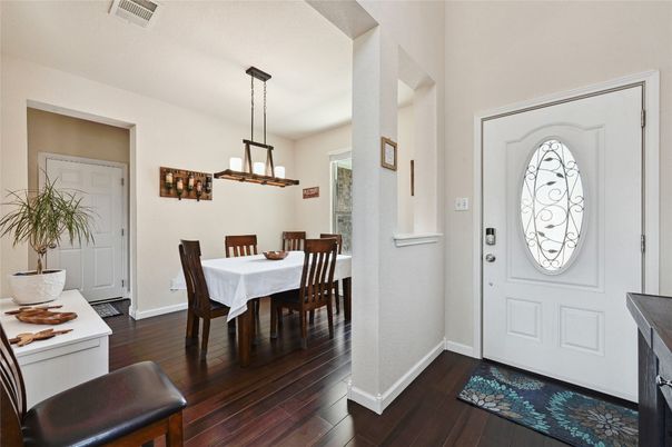 Dining room, Interior, Pendant Lights, Wood Texture Flooring