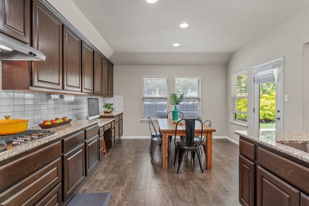 Dining room, Interior, Kitchen, Recessed Lighting, Wood Texture Flooring