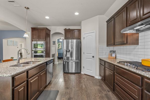 Interior, Kitchen, Pendant Lights, Recessed Lighting, Stainless Steel Appliances, Wood Texture Flooring
