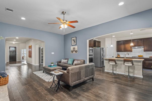 Interior, Kitchen, Living room, Pendant Lights, Recessed Lighting, Stainless Steel Appliances, Wood Texture Flooring