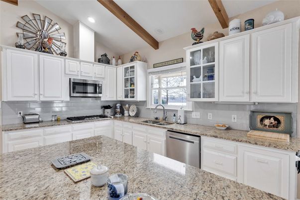 Interior, Kitchen, Recessed Lighting, Stainless Steel Appliances, Wooden Beams