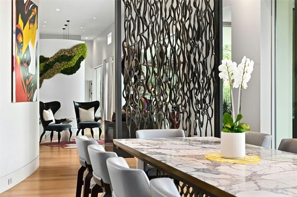 Dining room, Interior, Pendant Lights, Recessed Lighting, Wood Texture Flooring