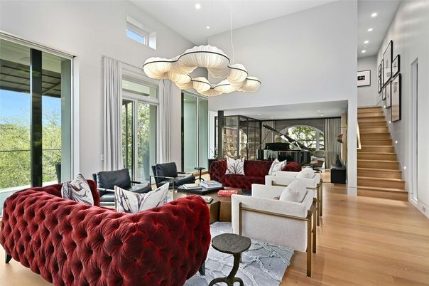 Chandelier, Interior, Living room, Pendant Lights, Piano, Recessed Lighting, Wood Texture Flooring