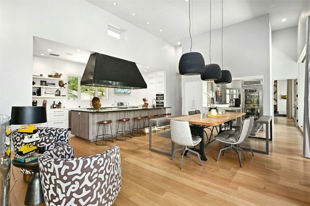 Dining room, Interior, Kitchen, Pendant Lights, Recessed Lighting, Wood Texture Flooring