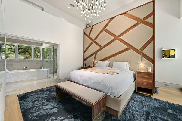 Bathroom, Bedroom, Glass Shower, Interior, Pendant Lights, Wood Texture Flooring