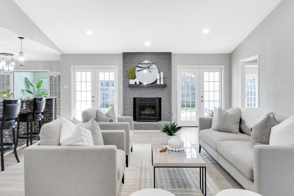 Fireplace, Interior, Living room, Pendant Lights, Recessed Lighting, Stone Walls, Wood Texture Flooring