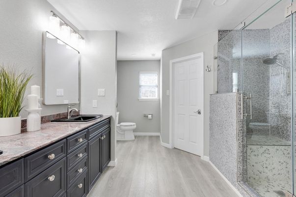 Bathroom, Dual Sink Vanities, Glass Shower, Interior, Wood Texture Flooring