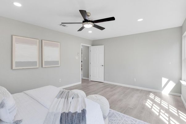 Bedroom, Interior, Recessed Lighting, Wood Texture Flooring