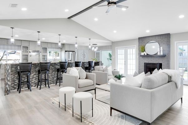 Fireplace, Interior, Kitchen, Living room, Pendant Lights, Recessed Lighting, Stainless Steel Appliances, Stone Walls, Wood Texture Flooring