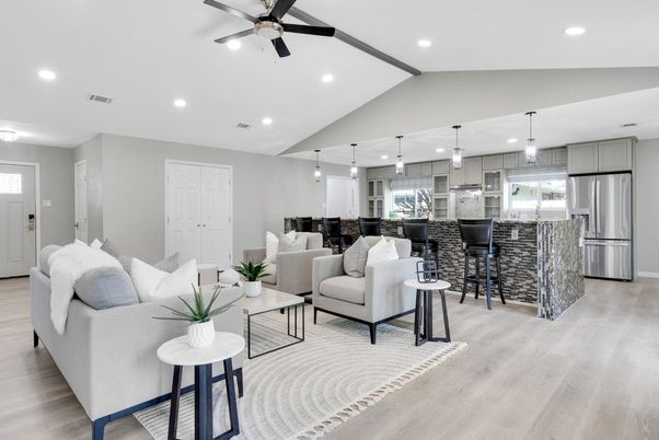 Interior, Kitchen, Living room, Pendant Lights, Recessed Lighting, Stainless Steel Appliances, Wood Texture Flooring