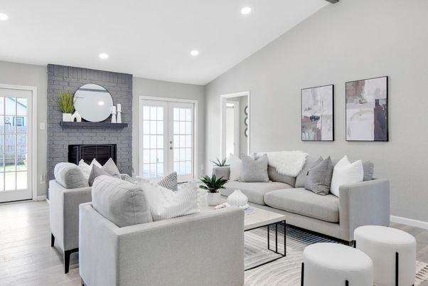 Fireplace, Interior, Living room, Recessed Lighting, Stone Walls, Wood Texture Flooring