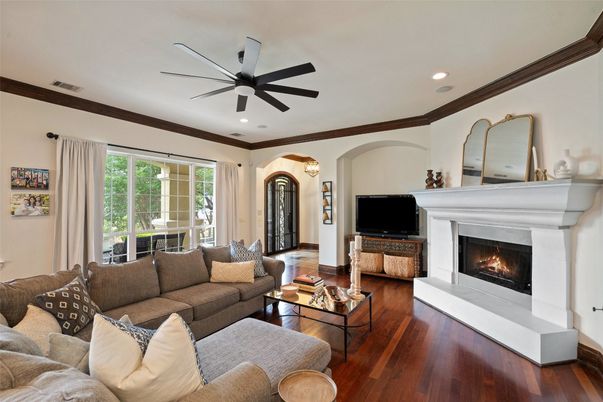Fireplace, Interior, Living room, Recessed Lighting, Wood Texture Flooring