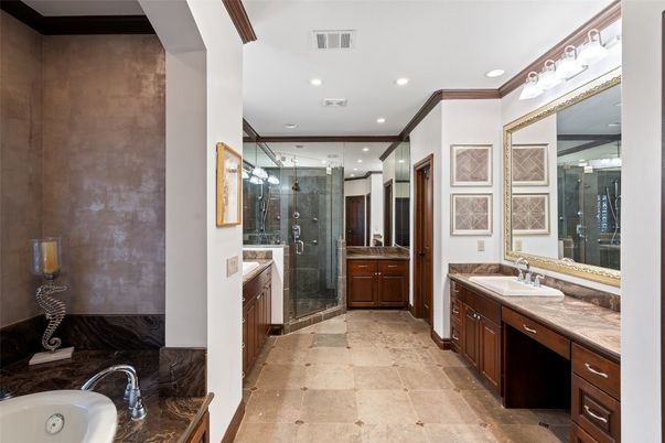 Bathroom, Dual Sink Vanities, Glass Shower, Interior, Recessed Lighting